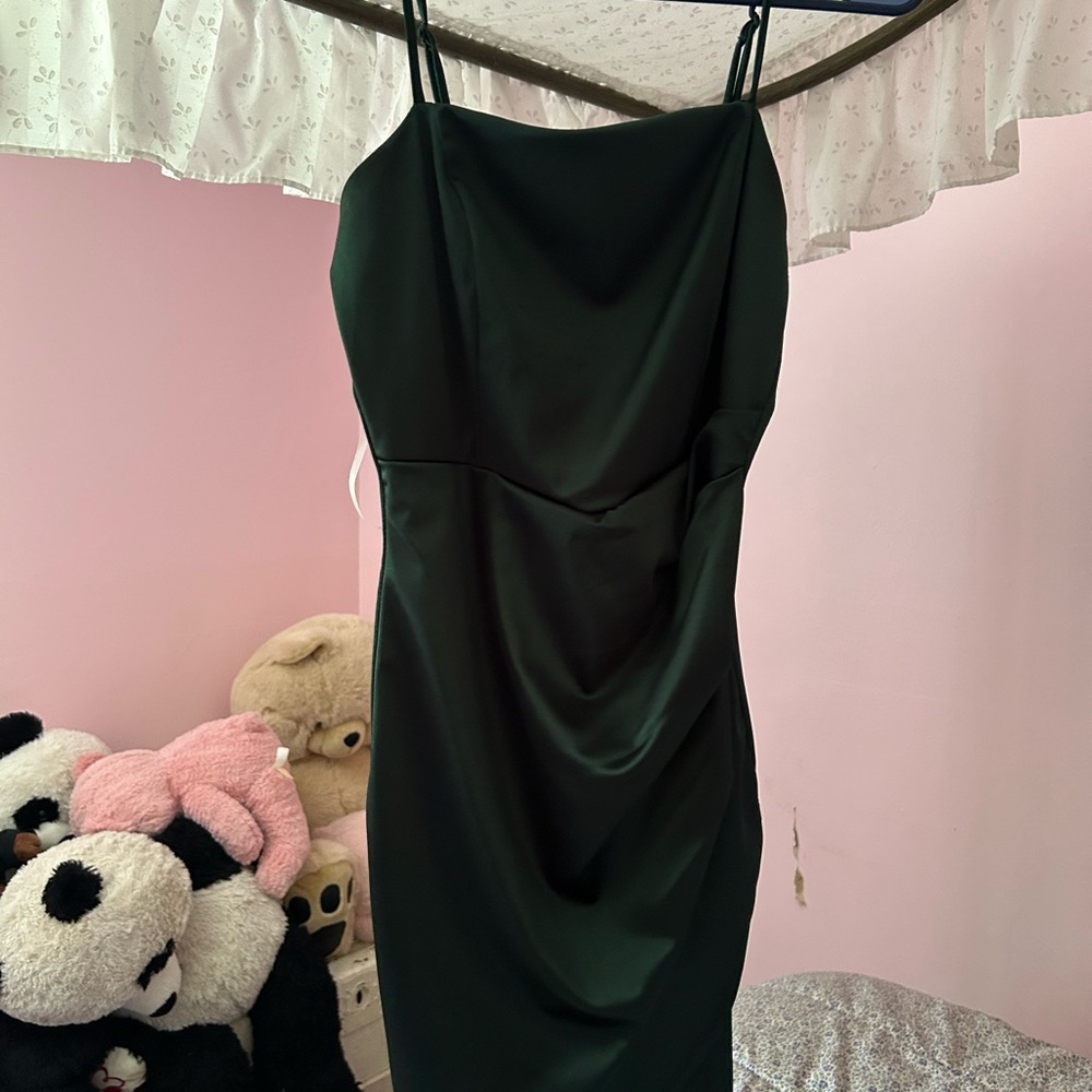 Honey and Rosie Green Asymmetrical Ruched Strapless Dress - Picture 2 of 4